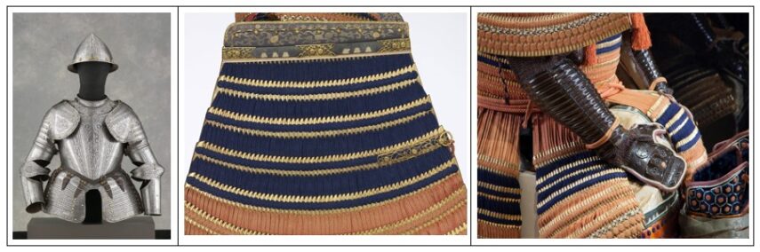 Left: photo of steel armor with torso, shoulder, and arm protection and a helmet. Center and left: close-up images of samurai armor showcasing its flexibility compared to western armor 