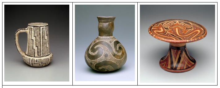 Photos of three objects used in daily life: a mug, bottle, and pedestal plate.