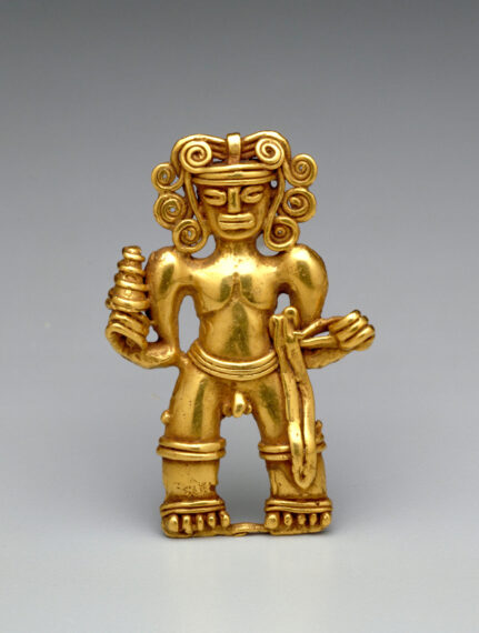 Gold pendant of a man with a rattle
