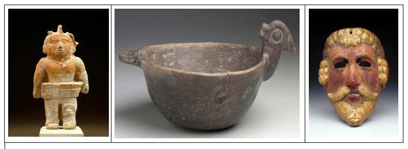 Three photos of a clay figure, a bowl, and a mask depicting a Spanish conquistador.