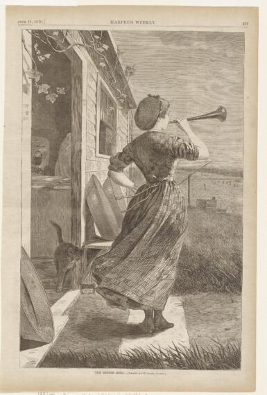 drawing of a woman in a long flowy dress standing just outside a house and blowing a horn