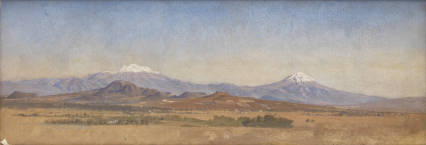 painting of mountains with snow-capped peaks in the background and desert landscape with smaller mountains painted in warm brown towns in the foreground