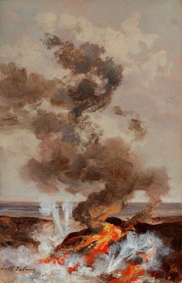 painting of a volcanic eruption with bright reds, oranges and yellow depicting the fire and dark oranges and brown depicting smoke