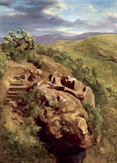 Painting of a rocky landscape with trees and low mountains in the distance