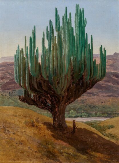 painting of a large green cactus set against a desert landscape