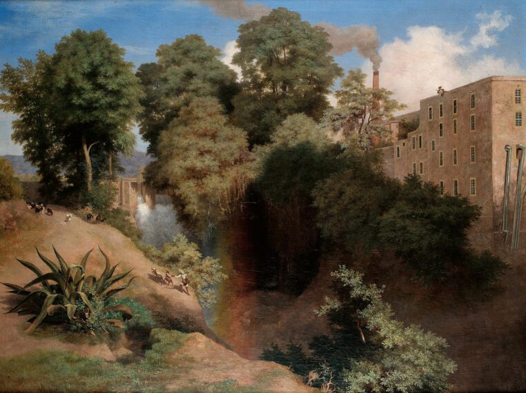 Painting showing an adobe building to the right next to lots of green trees and rugged landscape with a goat herder
