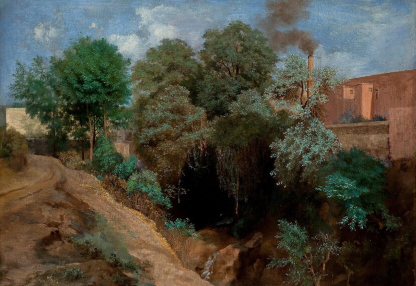 Painting showing an adobe building to the right next to lots of green trees and rugged landscape