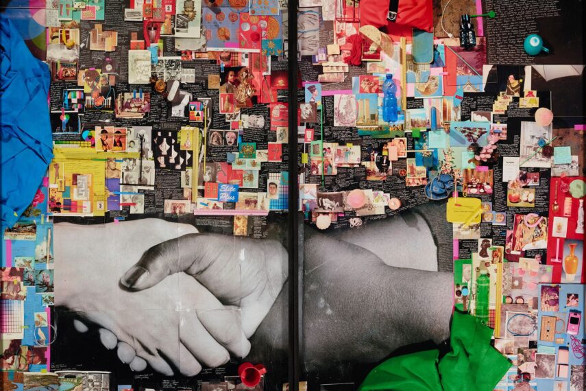 Two separate photographic images forming one large image; large black-and-white image of three clasped hands at bottom center; smaller color images surrounding image of hands and handwritten notes