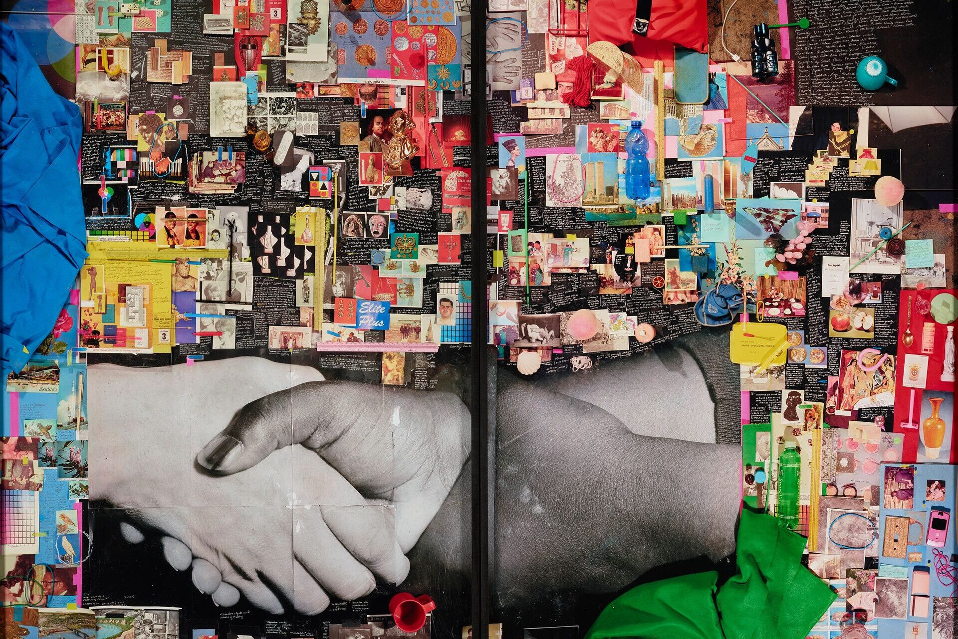 Two separate photographic images forming one large image; large black-and-white image of three clasped hands at bottom center; smaller color images surrounding image of hands and handwritten notes