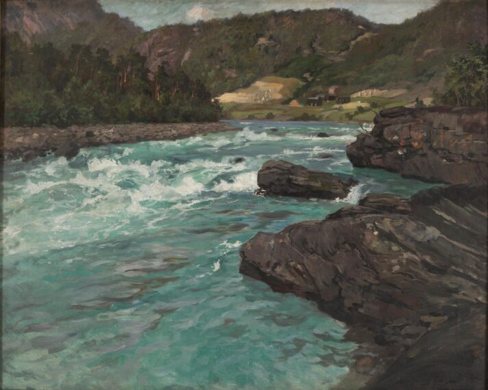 painting of a river with small waves crashing on rocks at center and right; cluster of buildings and farm at middle top, surrounded by trees and mountains