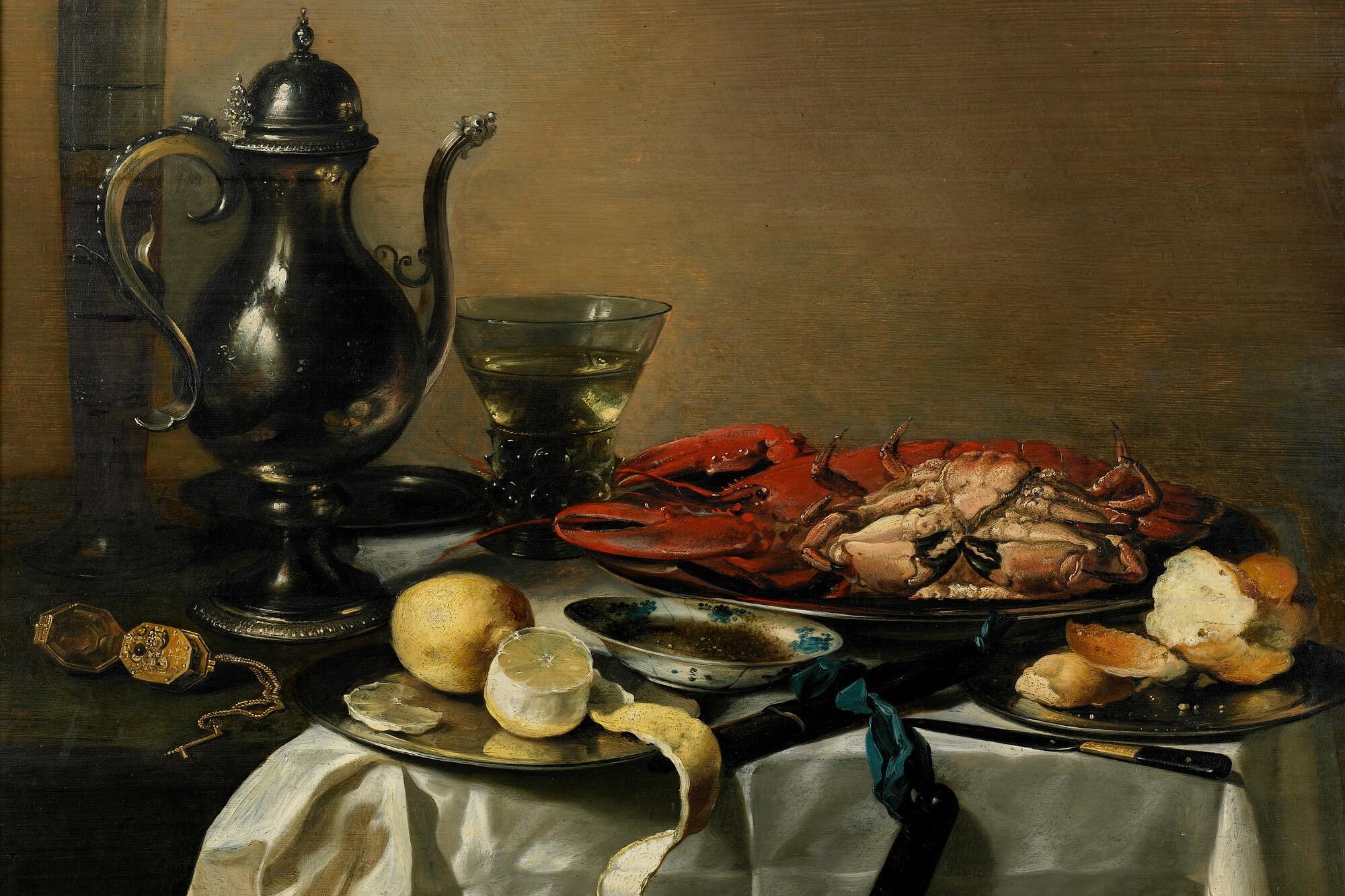 painting a table with platters of lobster, lemons, and chunks of bread, along with a water goblet and tea kettle