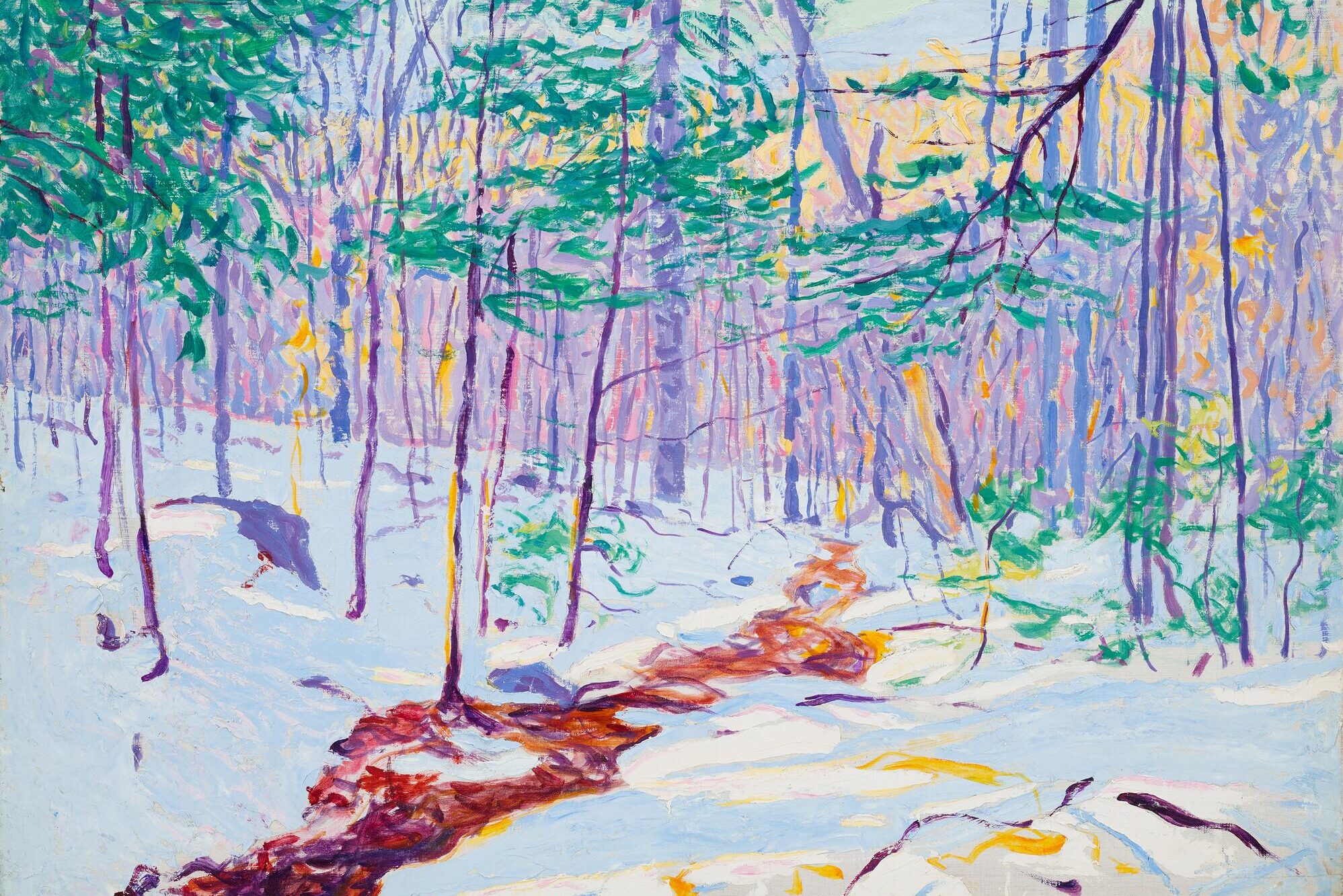 Impressionistic landscape painting with snow and winding brownish-colored brook; small saplings with green leaves; purple mountain in distance; pink, yellow and orange foliage in middle ground