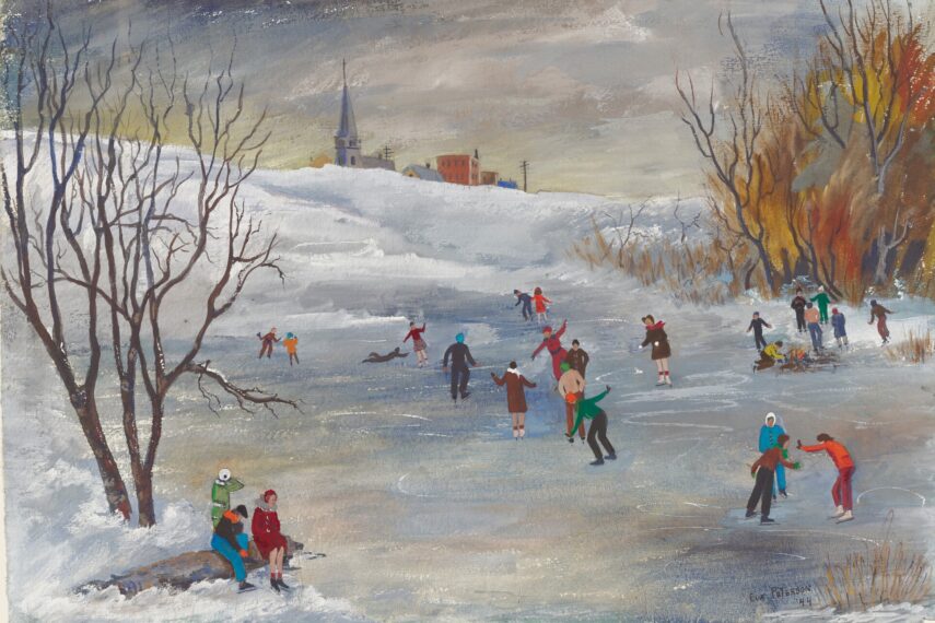 painting of people wearing colorful clothing ice skating on a frozen pond, with trees on the side and a small town skyline in the distance