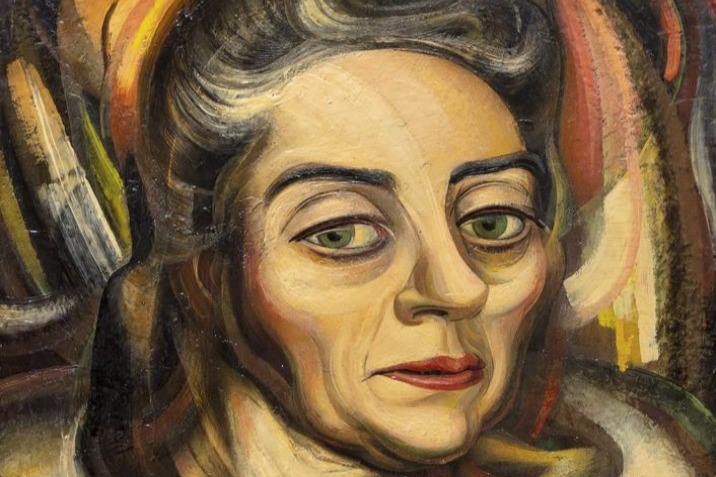 abstract painting of a woman's face with expressive eyes and gray-brown hair and swirls of orange, red, and brown colors in the background
