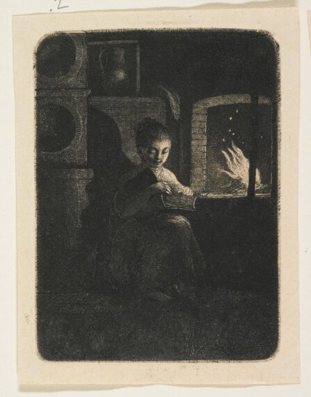 Black-and-white print of a young girl reading by a fireplace with a burning fire.
