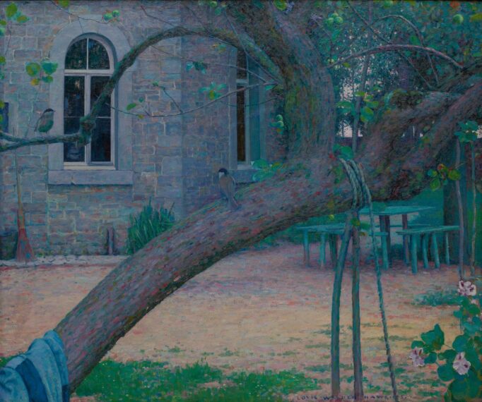 Painting of a serene garden scene featuring a large branching tree with two small birds perched on its limbs. The background shows a stone building with an arched window, partially obscured by the tree. To the right of the tree, there is a green garden table and benches, surrounded by dense foliage and shadows.