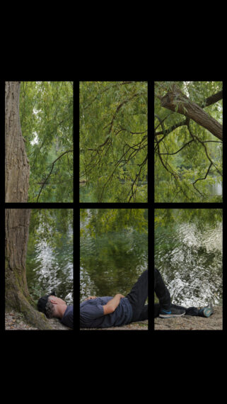 The image is divided into six panels, showing a person lying down on a pebbled ground by a tree trunk. The person is wearing a dark shirt, dark pants, and a cap, and is lying on their back with hands resting on their abdomen. In the background, leafy tree branches extend outwards, casting shadows over the scene.