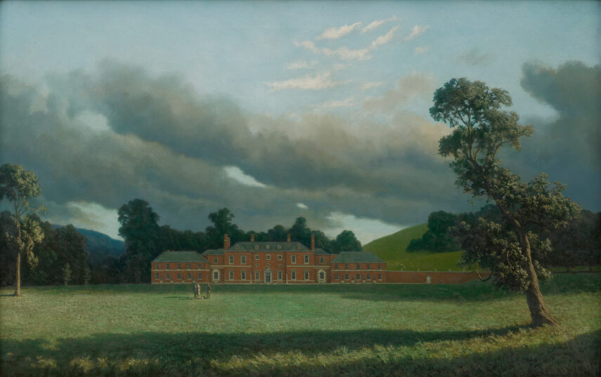landscape with a large red brick building at lower center; gray clouds in sky above; tall tree a right side; light and shadow on lawn in foreground; a grouping of two men, a woman, and two dogs on the lawn
