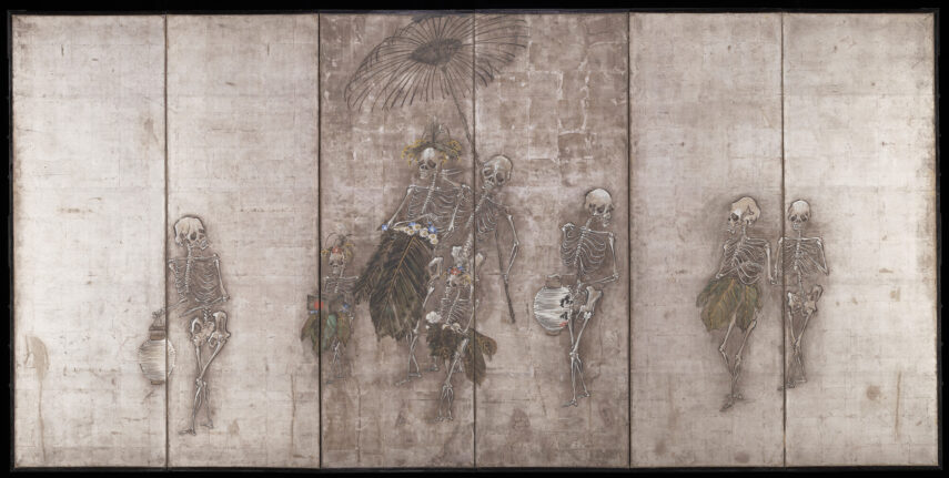 skeletons with plants and lanterns on a textured background.