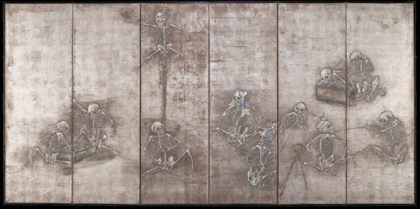Artwork of multiple skeletons engaging in various activities against a muted, textured background. 