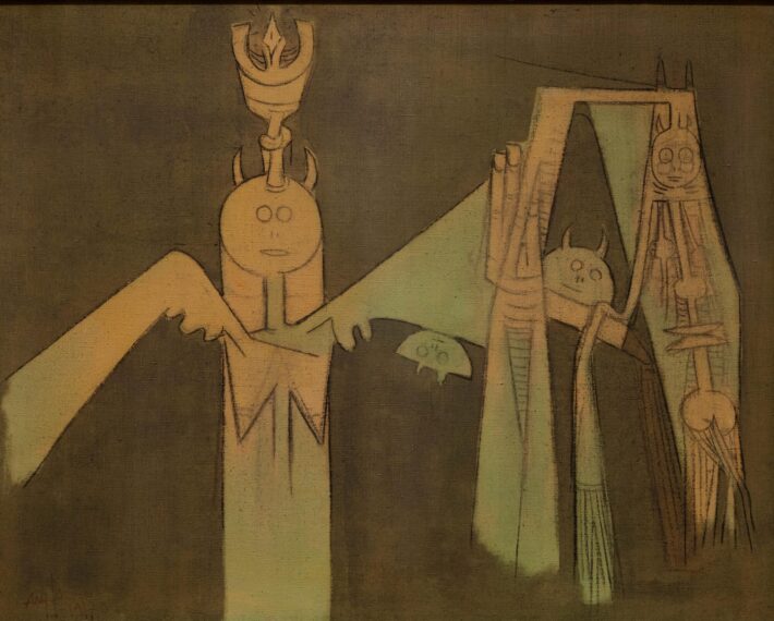 Abstract figures combining humanoid and animalistic elements against a dark brown background. 