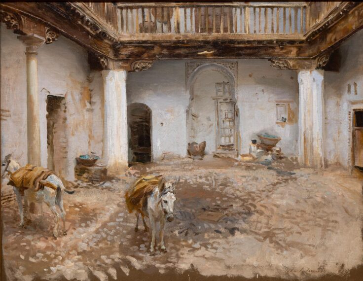 Painting of a rustic courtyard with a sandy floor, partially covered in shadows and sunlight. Two donkeys stand near the left and right, each with sacks draped over their backs.