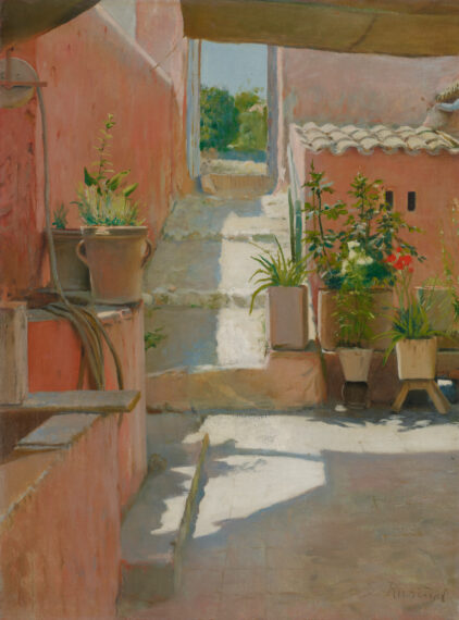 Painting of a quaint, sunlit patio area with terracotta-colored walls. Several potted plants with green foliage and flowers are arranged on the ground and on ledges. The bottom of the scene shows a shadow cast on the patio floor.