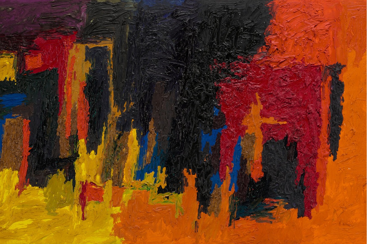 abstract painting with textured brush strokes in yellow, orange, red, blue, brown, and black