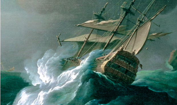 painting of an old ship with sails being tossed by giant waves at sea