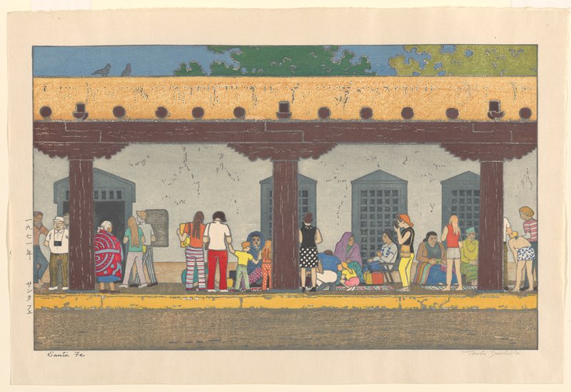 Group of colorfully dressed people gathered under a shaded pergola with thick wooden beams and a stucco-like wall in the background.