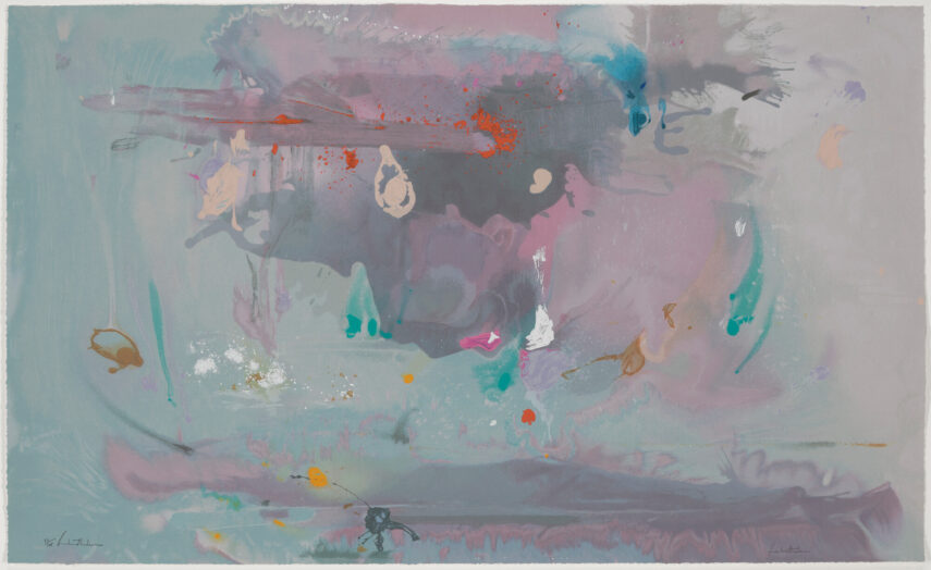 Abstract painting featuring a blend of pastel and bright colors, with the background primarily a light blue gray and various splashes of red, orange, blue, and pink scattered throughout the canvas.