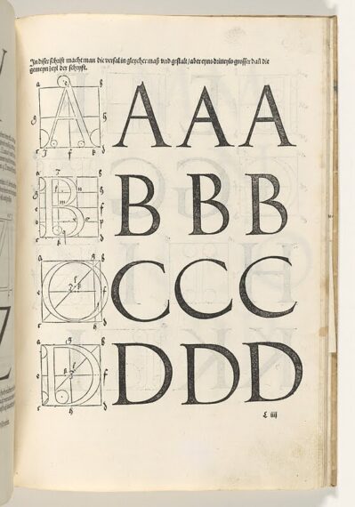 Page from an old book, featuring large, bold letters A, B, C, and D in a serif font. To the left of each letter are geometric diagrams demonstrating the construction of these letters, using lines, circles, and angles.