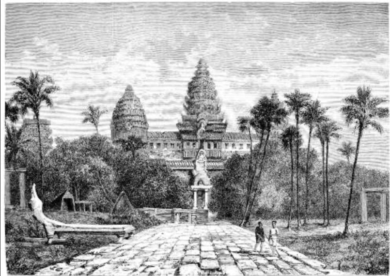 engraving of the main temple at Angkor Wat, featuring three tall spires rising prominently in the center. The temple is surrounded by lush trees and palms, creating a dense forested appearance around the structure. In the foreground, a wide stone pathway leads directly towards the temple entrance.