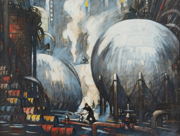 The image depicts an industrial scene with large spherical storage tanks and a network of pipes.