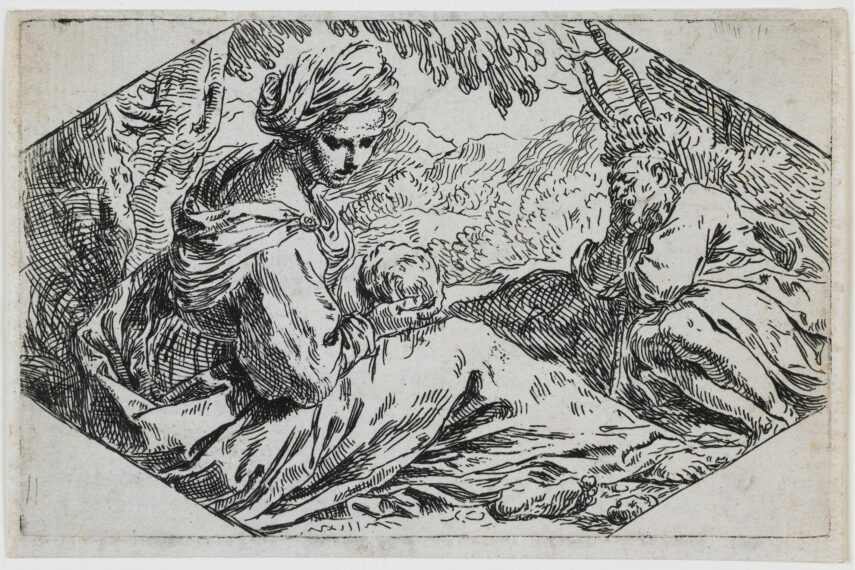 Black and white drawing depicting two figures, Mary and Joseph, seated in a forest-like setting with trees and bushes. Both are wearing flowing garments, and Mary is holding a child.