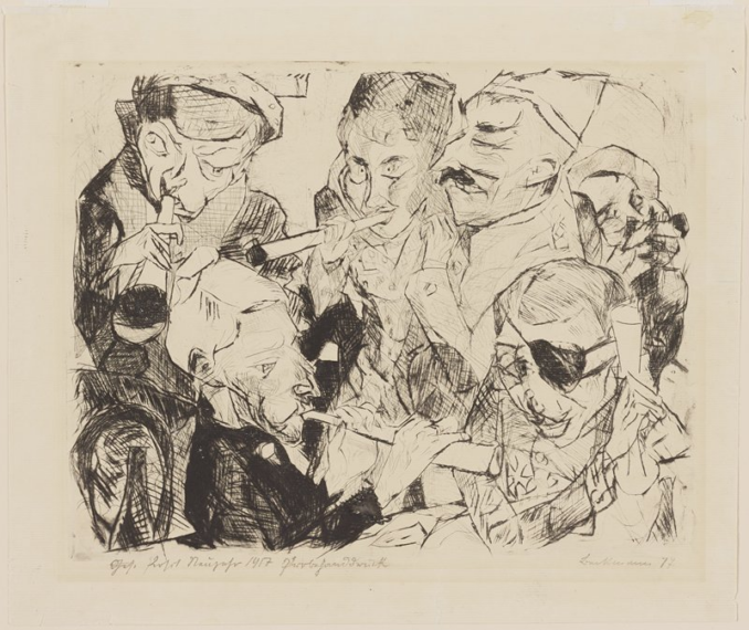 Abstract sketch featuring six figures drawn with exaggerated facial features. The figures are closely grouped, with each one holding or playing a musical instrument. They are depicted in a style with heavy, expressive lines and shading. Some figures are wearing hats, and one individual has an eye patch. The overall composition is dense, with the periphery fading into simpler sketch lines.