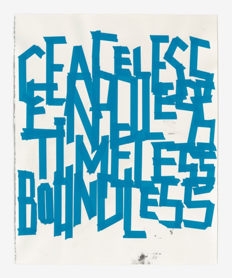 large, bold blue capital letters that spell "CEASELESS," "ENDLESS," "TIMELESS," and "BOUNDLESS" arranged across a white background. The words are slightly layered over one another, creating a visually complex text design. Each word is written in a geometric, angular style with sharp edges.