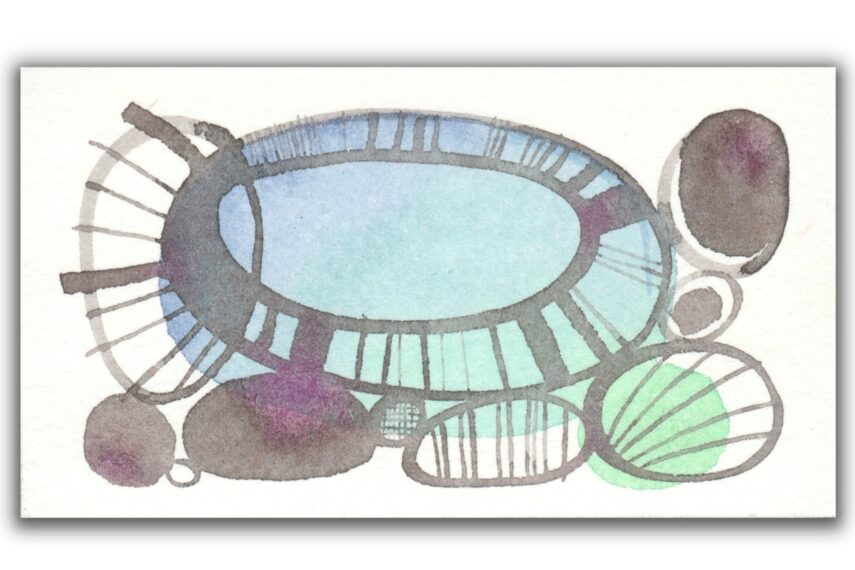 Abstract watercolor painting featuring a series of overlapping oval shapes in various sizes. The central oval is light blue surrounded by thicker gray lines, reminiscent of a clock face with lines extending outward.