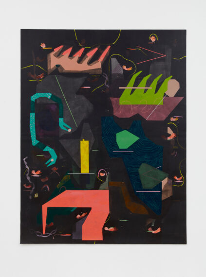 Abstract artwork with geometric shapes and colorful elements on a dark background.