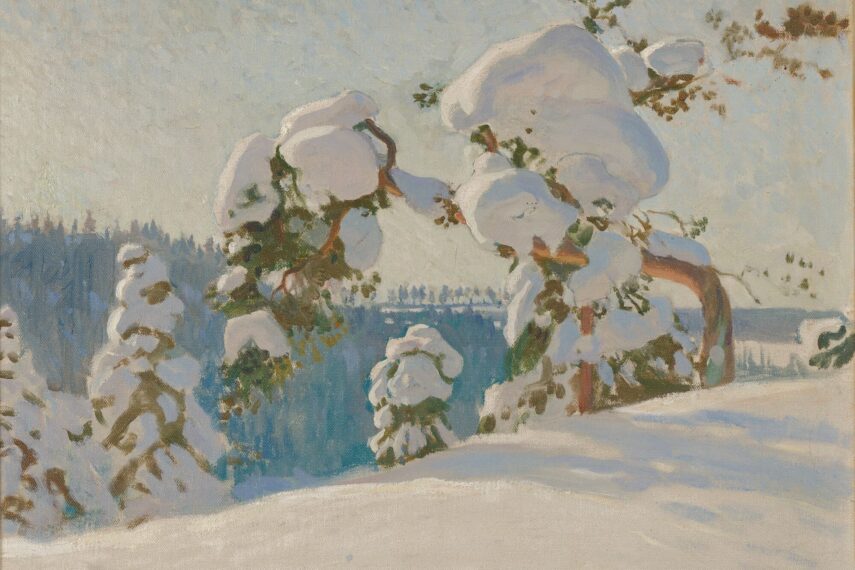 Painting of a serene winter landscape with trees covered in thick snow on a hillside. The trees have large branches with snow weighing them down.