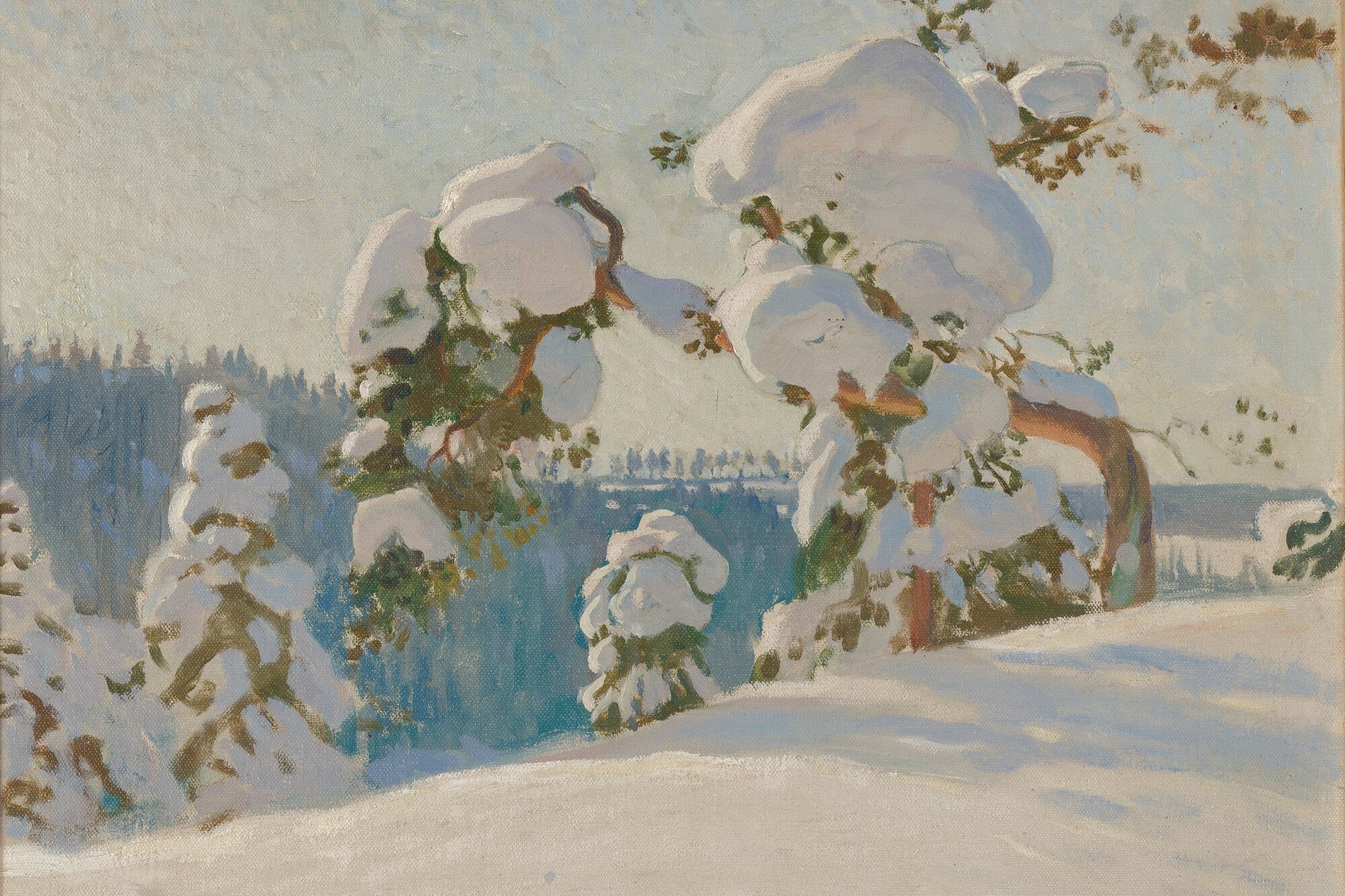 Painting of a serene winter landscape with trees covered in thick snow on a hillside. The trees have large branches with snow weighing them down.