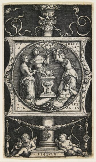 Intricate engraving with figures, symbols, and ornate decorations.