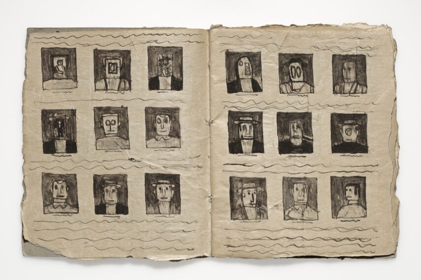 A sketchbook laid open, with two pages visible. Each page contains a grid of nine squares, making a total of 18 squares. Inside each square is a drawing of a stylized face. The faces are simplistic and cartoonish, with large eyes and basic features.