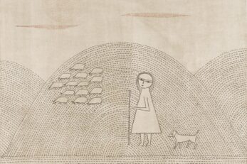 The illustration shows a stylized figure standing on a hill, holding a staff. Next to the person is a small dog. The hill is covered with curved, dotted lines creating a stippled pattern. To the left, a cluster of sheep is also depicted using similar lines. In the upper background, a sun with radiating lines is visible. The entire image is monochromatic, with shades of beige and light brown.
