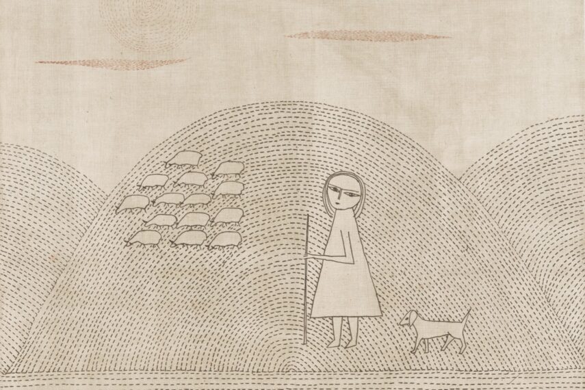 The illustration shows a stylized figure standing on a hill, holding a staff. Next to the person is a small dog. The hill is covered with curved, dotted lines creating a stippled pattern. To the left, a cluster of sheep is also depicted using similar lines. In the upper background, a sun with radiating lines is visible. The entire image is monochromatic, with shades of beige and light brown.