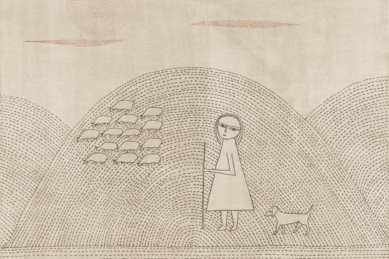 The illustration shows a stylized figure standing on a hill, holding a staff. Next to the person is a small dog. The hill is covered with curved, dotted lines creating a stippled pattern. To the left, a cluster of sheep is also depicted using similar lines. In the upper background, a sun with radiating lines is visible. The entire image is monochromatic, with shades of beige and light brown.