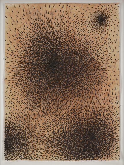 Abstract pattern with numerous black spikes radiating in circular patterns against a beige background