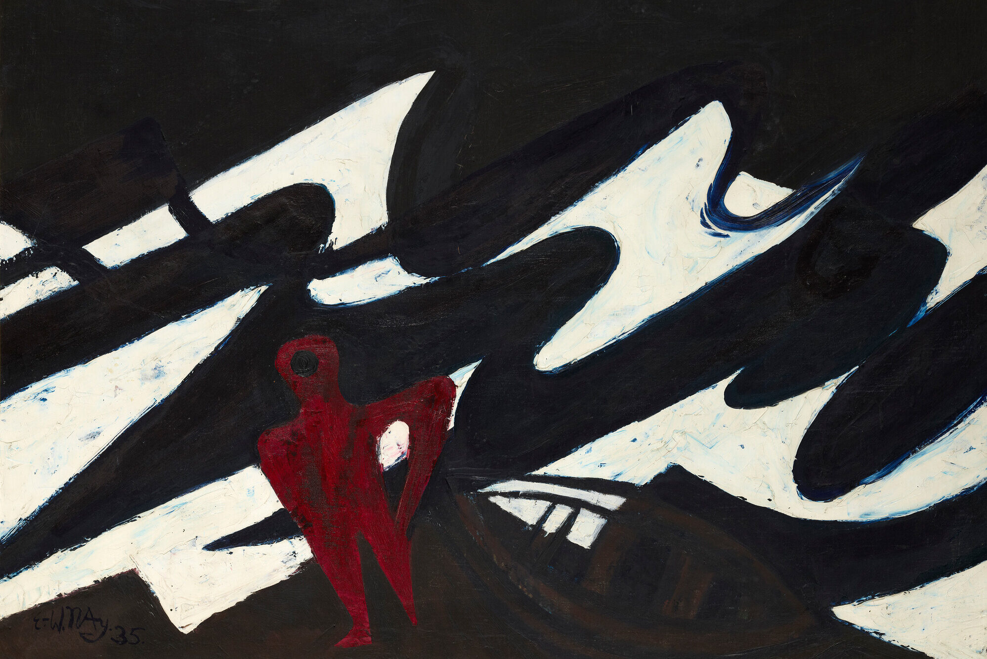 Abstract painting dominated by bold, sweeping black and white shapes creating a dynamic, wavelike pattern across the canvas. In the foreground, there is a stylized red figure with geometric features standing against the darker backdrop.
