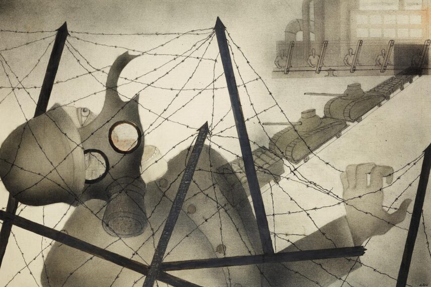 Gas mask, barbed wire, tanks, and factory workers depicted in artwork.