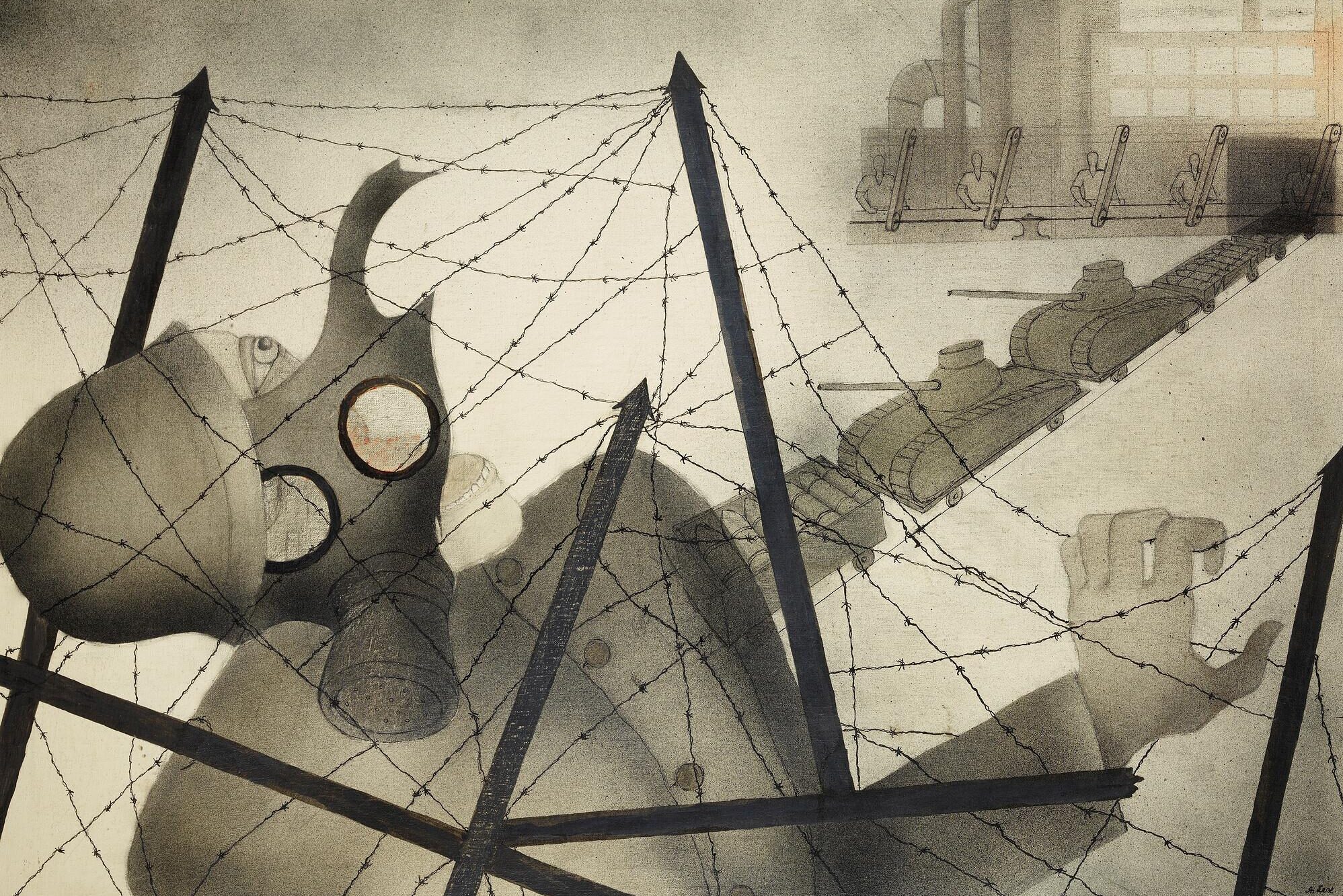 Gas mask, barbed wire, tanks, and factory workers depicted in artwork.